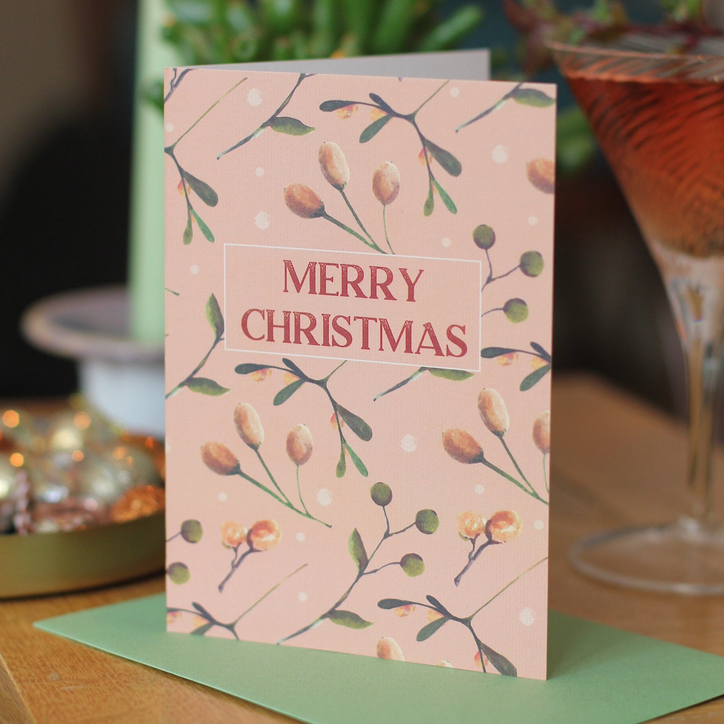 Set of 6 Pink Botanical Merry Christmas Cards