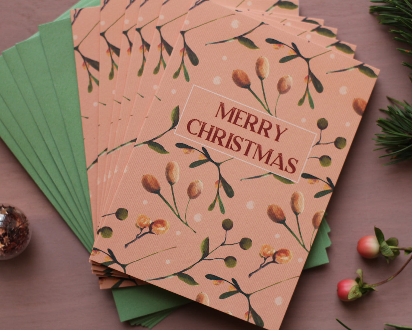 Set of 6 Pink Botanical Merry Christmas Cards