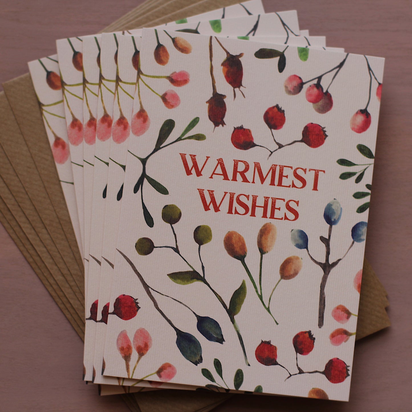 Set of 6 Warmest Wishes botanical Christmas cards