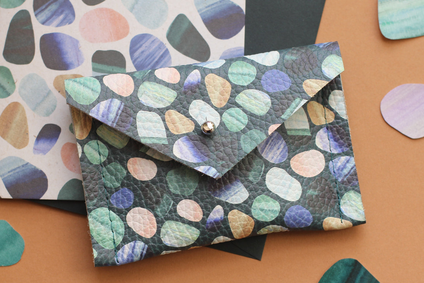 Sea glass print leather credit card wallet