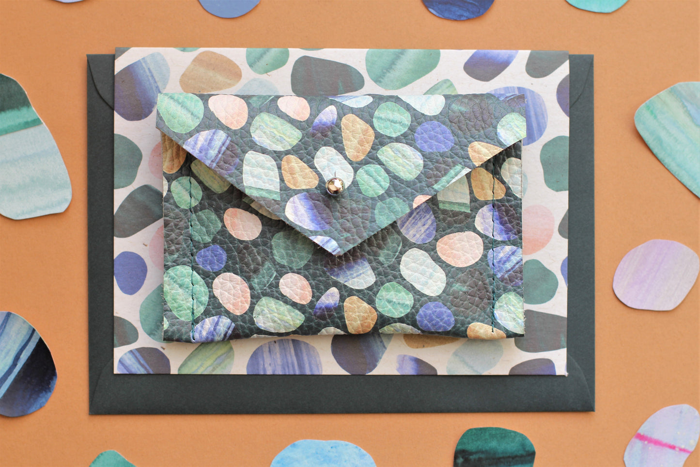 Sea glass print leather credit card wallet